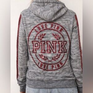 ❤️🩶PINK Heather grey Zip up hoodie rare with Red Logo By Victoria’s Secret